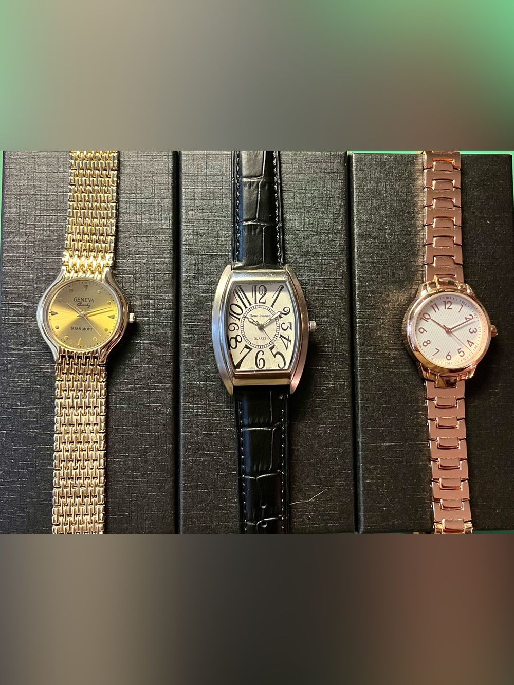 3-Piece Women’s Fashion Watch Lot – Gold, Rose Gold & Tonneau Style